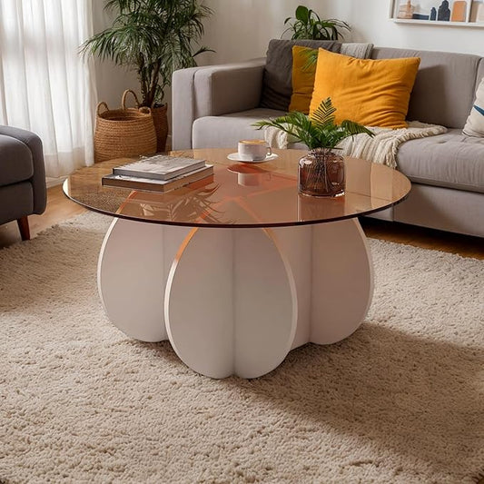 Mid Century Modern Round Glass Coffee Table for Living Room, Small Coffee Tables for Center Suitable for Bedroom Living Room Reception Office Tables (White/Brown)