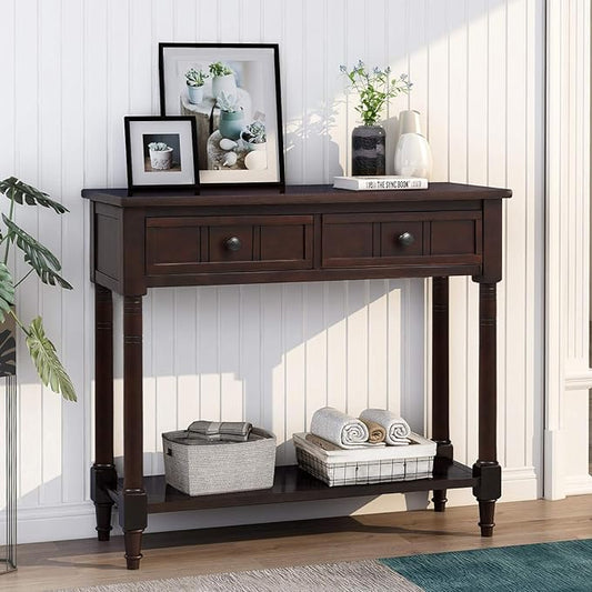 Bellemave Console Table with Drawers, Retro Entryway Table with 2 Drawers and Open Storage Shelf, Narrow Long Sofa Table, Behind Couch Table for Living Room, Foyer and Hallway,Espresso