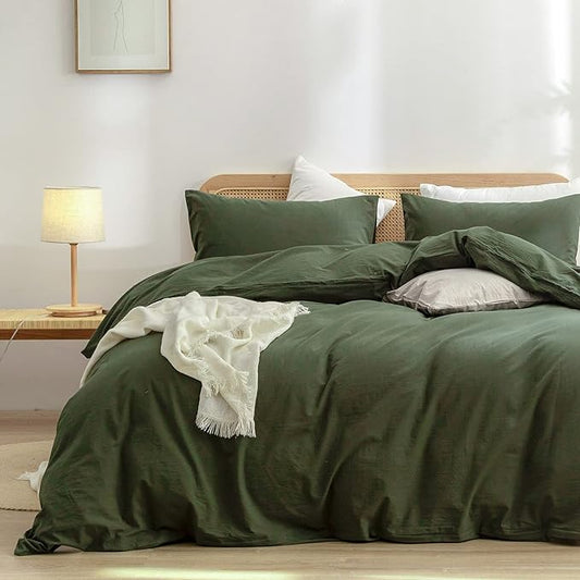 BESTOUCH Duvet Cover Set 100% Washed Cotton Linen Feel Super Soft Comfortable Chic Lightweight 3 PCs Home Bedding Set Solid Olive Green Oversized Queen