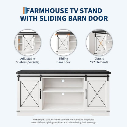 GarveeHome Farmhouse TV Stand for TV up to 65 Inches and Entertainment Center with Sliding Barn Doors and Adjustable Shelf, Tv Media Console Table with Storage Cabinet for Living Room, Bedroom, White