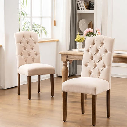 Tufted Upholstered Parsons Dining Chair Set Fabric Diner Accent Stylish Modern Kitchen Living Room with Button Sturdy Solid Wood Legs