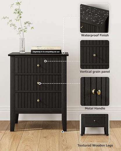 Fluted Nightstand, Farmhouse Night Stand with 3 Drawers, Mid Century Modern Side Accent Table,Bedside End Table for Bedroom, Living Room, Black