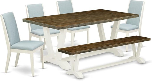 East West Furniture V077LA015-6 6 Piece Dining Table Set Contains a Rectangle Dining Room Table with V-Legs and 4 Baby Blue Linen Fabric Parson Chairs with a Bench, 40x72 Inch, Multi-Color