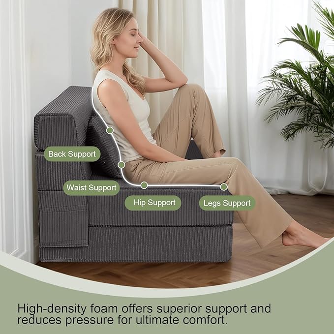 MeMoreCool Boneless Folding Sofa Bed Queen, Corduroy Convertible Sleeper Chair, Foldable Foam Mattress Chair, Comfy Fold‑Out Futon Couch Bed, Large Floor Sofa Couch for Living‑Room Guest