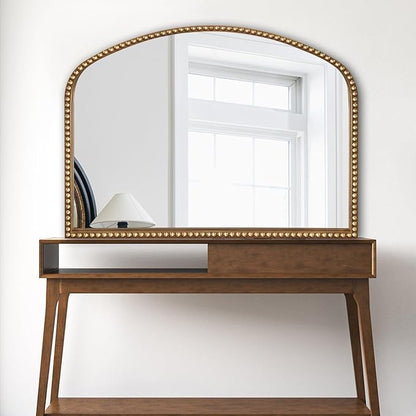Vanity Mirror for Bedroom, 35" x 28" Large Arch Vintage Gold Wall Mirror, Beaded Frame Decorative Accent Mirrors for Washroom, Living Room, Entryway, Bathroom, Fireplace
