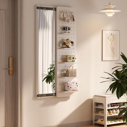 KungFuWood Full Length Mirror with Shelf and Hooks,Entry Way Mirrors for Wall,Wall Mirror with Shelf,Wall Mirror with Storage Multifunctional Design Panel,Living Room