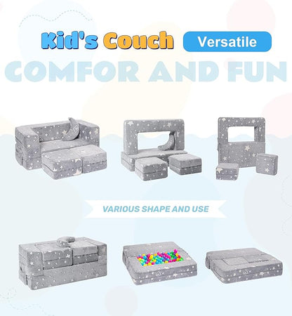 Modular Kids Sofa, Glow in The Dark Star Plush Couch, Convertible Kids Play Set, Fold Out Sofa Bed(Stars)