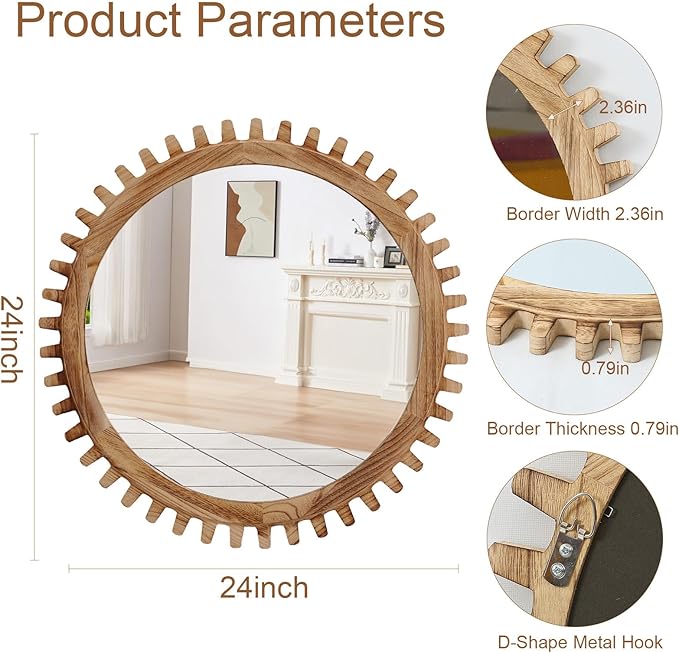 ULIKE Round Wood Mirror, 24 Inch Rustic Farmhouse Circle Mirror with Wooden Frame, Mordern Wall Decor for Bathroom Nursery Bedroom Living Room Entryway, Brown
