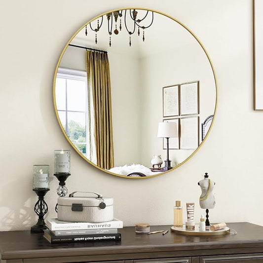 Gold Round Bathroom Mirror, 20 inch Circle Wall Mounted Hanging Mirror with Simple Modern Circular Metal Frame for Hallway, Entryway, Living Room, Gold Frame