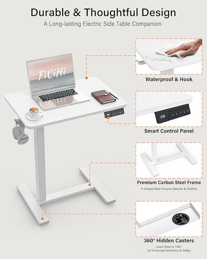 Small Mobile Standing Desk with Wheels, Electric Height Adjustable Portable Rolling Computer Cart, Movable Sit Stand Laptop Table for Sofa, Bedside, Home Office Workstation (27.6", White)