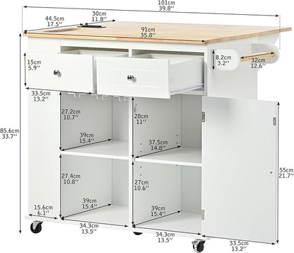 Merax Rubber Wood Kitchen Island with Adjustable Storage, Rolling Kitchen Storage Cart with Drop Leaf, Open Storage, Wine Rack, 5 Wheels for Home, Kitchen, Dining Room, White