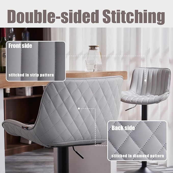 YOUNIKE Grey Bar Stools Set of 2 Kitchen Counter Height Barstools with Backs Modern Swivel Faux Leather Padded Bar Chairs Tall Adjustable Stools for Breakfast Island