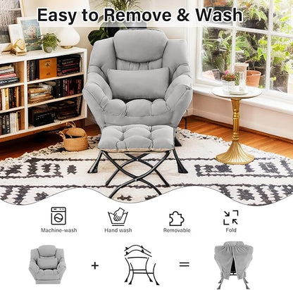 Lazy Chair with Ottoman, Modern Lounge Chair with Lumbar Pillow, Accent Cozy Reading Armchair and Folding Footstool for Bedroom, Dorm, Living Room,Light Grey