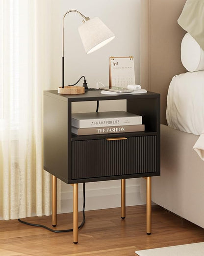 Masupu Nightstand with Charging Station,Mid-Century Modern Bedside Table with Storage Drawer and Open Wood Shelf,Small Gold Frame Side Table for Bedroom,Living Room (Black)