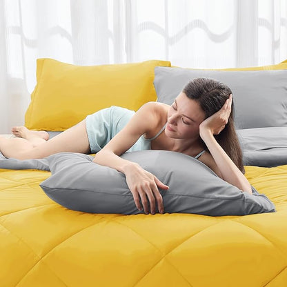 HEVUMYI King Comforter Set - 7-Piece All Season Bed in a Bag King, Ultra Soft Bedding Set with Comforter, Flat Sheet, Fitted Sheet, Pillowcases, Pillow Shams, Yellow & Light Grey