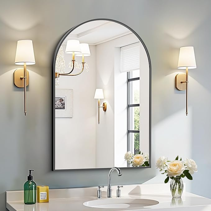 Arched Mirror, 20"x30" Black Bathroom Mirror with Metal Frame, Wall Mounted Mirrors Decor Modern Dresser Mirror for Bedroom Living Room Entryway