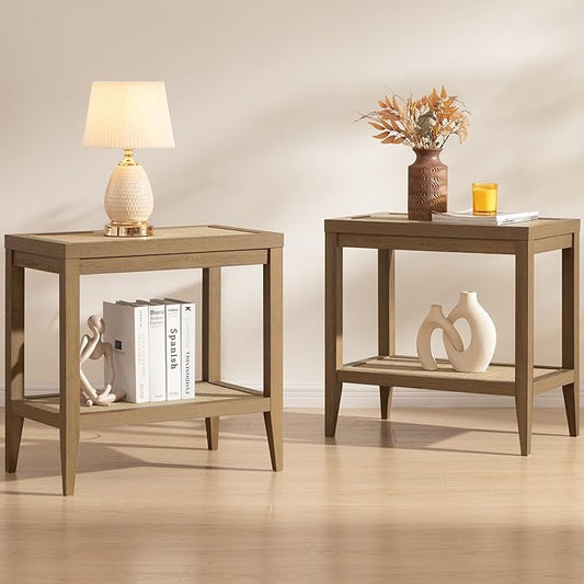 SICOTAS Rattan Nightstands Set of 2 Bedside Table - Boho Narrow End Table Living Room Set of 2 Side Table with Rattan Storage Shelves for Small Space