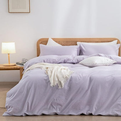 BESTOUCH Duvet Cover Set 100% Washed Cotton Linen Feel Super Soft Comfortable Chic Lightweight 3 PCs Home Bedding Set Solid Taro Purple Super Queen