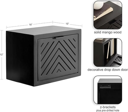 Kate and Laurel Mezzeta Modern Floating Shelf Side Table with Storage Cubby; 16 x 10 x 12; Black; Decorative Slatted Wood Floating Nightstand with Pull Down Door for Use as Bathroom Storage