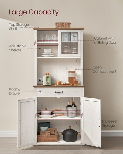VASAGLE 71" Kitchen Pantry Cabinet with Lights and Charging Station, Coffee Bar Cabinet with Doors and Drawer, Farmhouse Style, Adjustable Shelves, Rustic White UBBK363W12