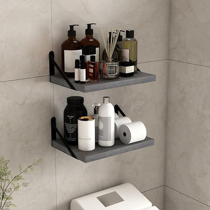 SAUMONIERES Floating Shelves Wall Bookshelf for Bedroom Bathroom Living Room Wood Wall Mounted Wide Deep Storage, Rustic Grey Wall Shelves Set of 2