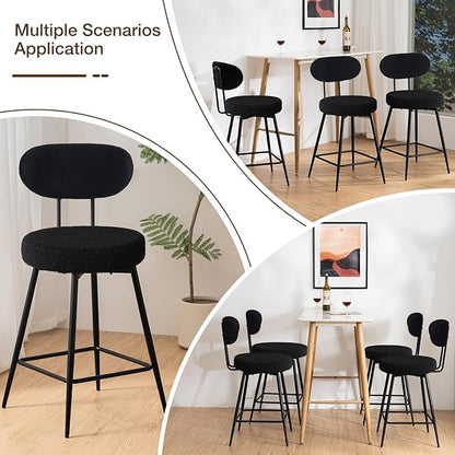 HOMMPA Counter Height Swivel Bar Stools Set of 2 Boucle Barstools 26'' Upholstered Modern Counter Barstools with Back Metal Legs Bar Stools Chairs for Kitchen Counter Island Black