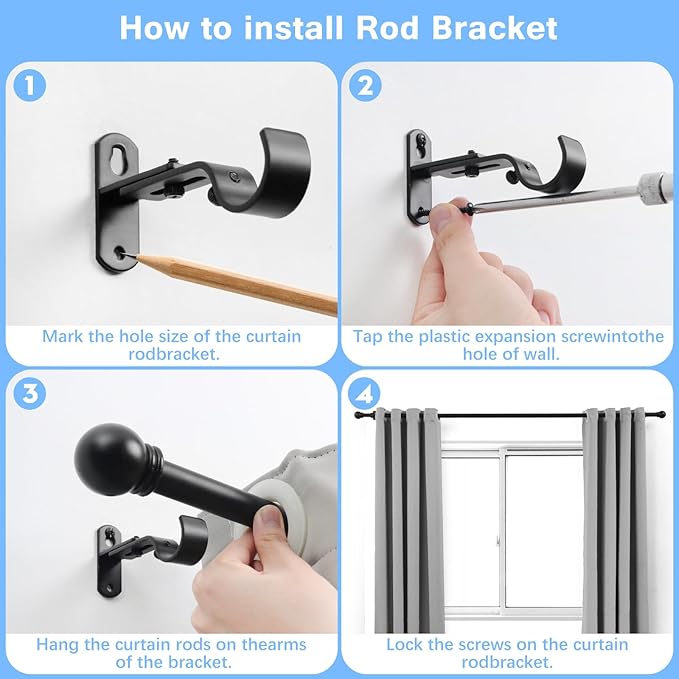Curtain Rods for Windows 16 to 120 Inches, Curtain Rod Max Adjustable Length of 132 IN, 1" Diameter Drapery Rods Round Finials, Black, Pack of 1