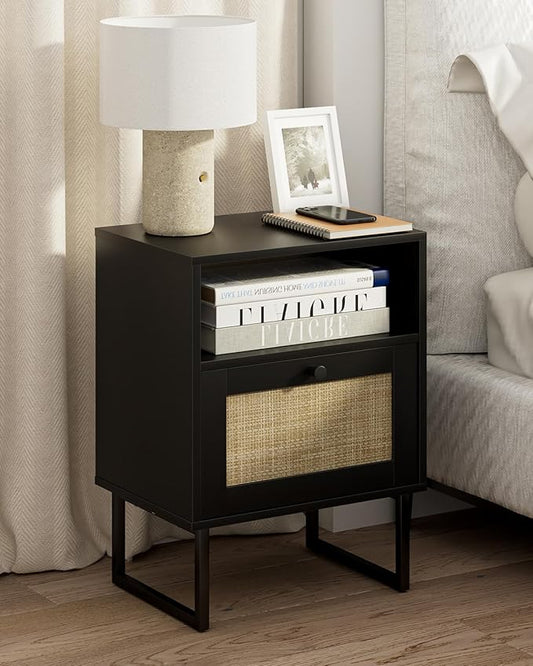 Masupu Rattan Nightstand,Modern Boho Farmhouse Wood Bedside Table with Storage Drawer and Open Shelf,Small Black Frame Side End Table for Bedroom,Living Room,Office (Black)