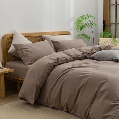 BESTOUCH Duvet Cover Set 100% Washed Cotton Linen Feel Super Soft Comfortable Chic Lightweight 3 PCs Home Bedding Set Solid Pine Bark Brown Oversized Full