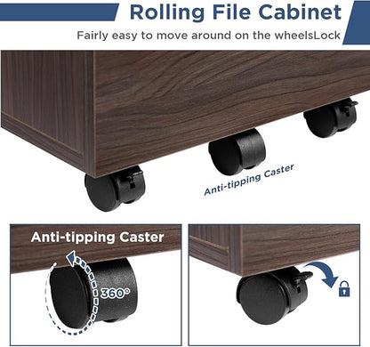HollyHOME Under Desk Cabinet, Deep 2-Drawer Mobile Wood Cabinet, Storage Drawer for Home, Rolling Shelf for Office, Rolling Printer Stand, for A4, Modern, Dark Brown
