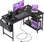 Small L Shaped Computer Desk with Power Outlets, Gaming Desk for Small Spaces, Corner Desk with Reversible Storage Shelves, Study Writing Table for Home Office (Socket, Black, 48 inch)