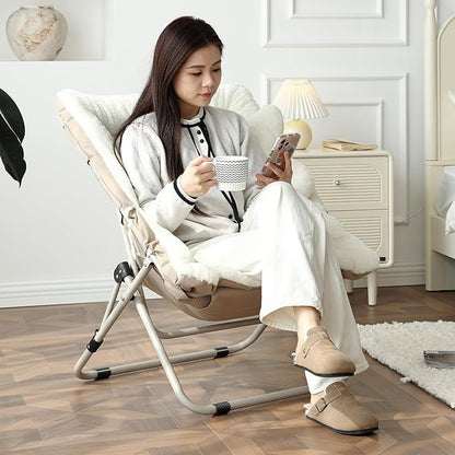 Welnow Comfy Saucer Chair, Oversized Folding Reading Chair for Adults with Throw Pillow Soft Faux Fur Lounge Chair for Bedroom Furry Accent Chair for Living Room, Dorm Rooms, Beige