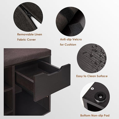 DINZI LVJ Shoe Bench, Entryway Storage Bench with Drawer and 11 Cubbies, Cubby Shoe Rack with Adjustable Shelves, Shoe Organizer Cabinet for Living Room, Bedroom, Mudroom, Closet and Garage, Espresso