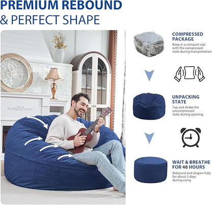 5FT Bean Bag Chair, Large Bean Bag Chairs with Memory Foam Filled, Fluffy Beanbag Sofa with Dutch Velvet Cover, Round BeanBag Chairs for Living Room, Playroom - Blue