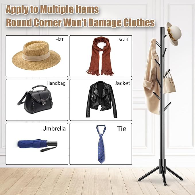 Wooden Coat Rack Stand, Freestanding Coat Rack with 8 Hooks, 3 Adjustable Size Coat Tree for Hats, Coats, Scarves bags, Coat Hanger Stand Used in Bedroom/Office/Entryway (Black)
