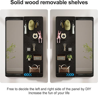 KungFuWood Full Length Mirror with Shelf and Hooks,Entry Way Mirrors for Wall,Wall Mirror with Shelf,Wall Mirror with Storage Multifunctional Design Panel,Living Room