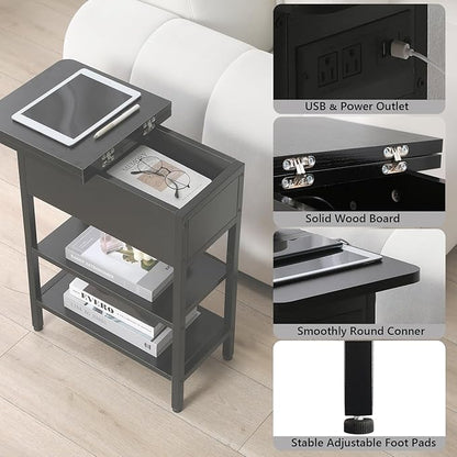 Modern End Table with Charging Station, Narrow Side Table with USB Ports & Outlets, Flip-Top Nightstand with Storage Shelf, Small Bedside Table for Living Room, Bedroom, Small Space, Black
