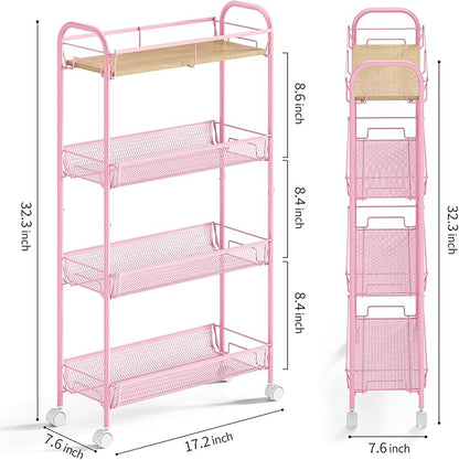 KINGRACK Metal Slim Rolling Cart,4-Tier Metal Utility Cart,Storage Cart with Wooden Tabletop, for Narrow Space on Laundry Bathroom Kitchen Room Bedroom Apartments Dormitory (Pure Pink, Slim)