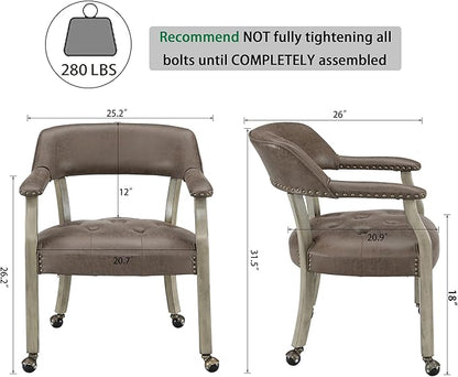 LEEMTORIG Large Dining Chairs with Casters and Arms, Rolling Dining Chairs with Wheels, Solid Wood Boss Caption's Chairs Office Chairs, 26"D x 25.2"W x 31.5"H, Soft Grey Legs & Dark Brown SY-1318-DK