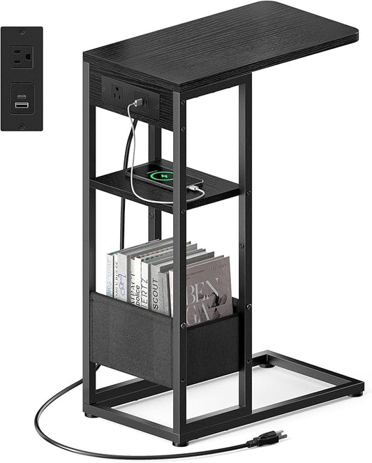 C Shaped End Table with Charging Station, Small Side Table for Couch Recliner, Slide Under Sofa Desk Snack Tables with Storage Bag & AC / USB Outlet, Small Spaces Drink Tables for Living Room, Bedroom