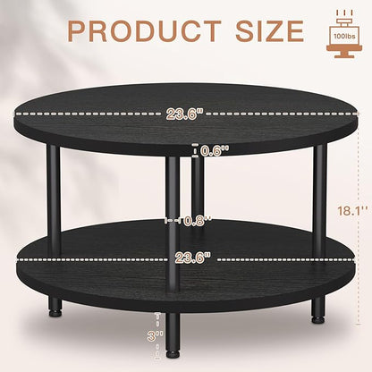 Round Coffee Table, 23.6" Circle Coffee Table for Living Room, 2-Tier Wood Accent Center Table with Open Storage Industrial Design Home Furniture, Black