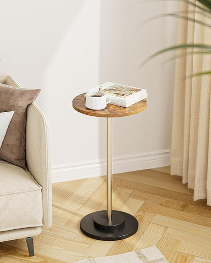 Masupu Drink Table, Round Side Table for Small Spaces, Pedestal Small End Table with Metal Base, for Living Room, Bedroom, Bathroom, Rustic Brown