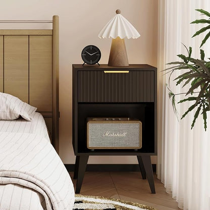 Fluted Night Stand with Opening Storage,Mid Century Bedside Table with Drawer,Modern Nightstand with Solid Wood Legs,End Table Side Table for Living Room,Bedroom,Black CTG56BK