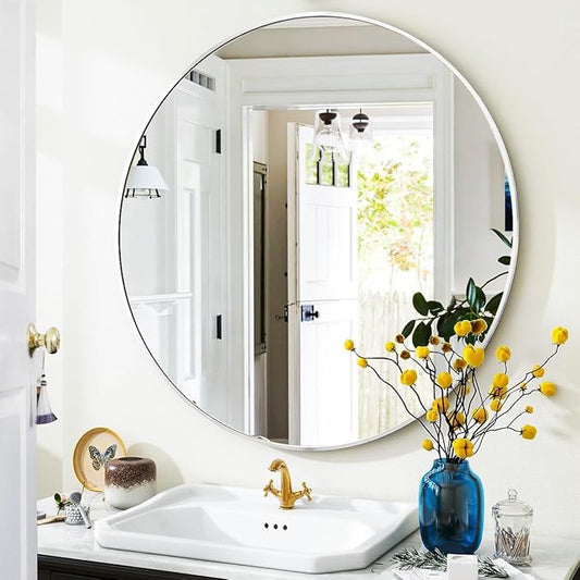Silver Round Bathroom Mirror, 24 inch Circle Wall Mounted Hanging Mirror with Simple Modern Circular Metal Frame for Hallway, Entryway, Living Room, Silver Frame