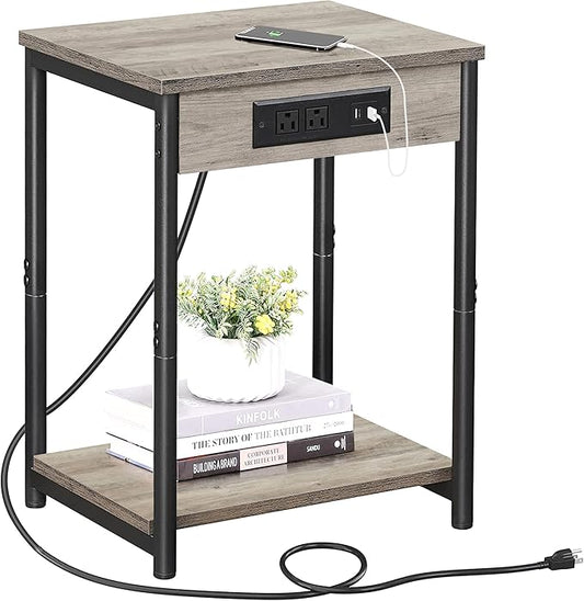 TUTOTAK End Table with Charging Station, Side Table with 2 USB Ports and 2 Outlets, 21.8”H 2-Tier Nightstand with Storage Shelf, Sofa Table TB01BG025 (1 pc)