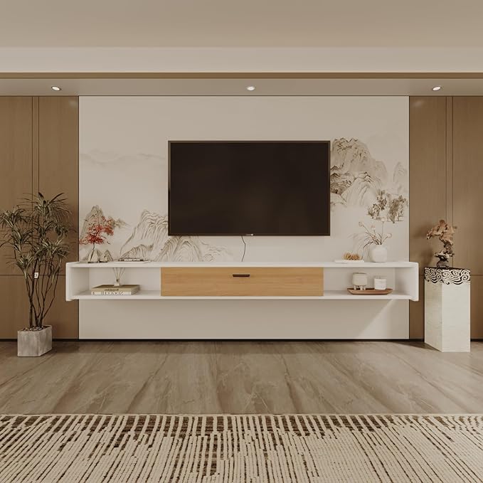 55'' Floating TV Stand,Wall Mounted TV Console,Floating TV Cabinet,Under TV Shelf for Bedroom Living Room(White)