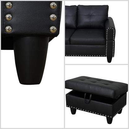 L Shaped Sectional Couches for Living Room, Modular 4 Seat Sofa with Ottoman Storage, Modern Couch with Chaise for Bedroom Apartment Furniture, Black
