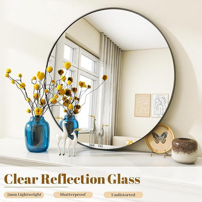 Black Round Bathroom Mirror, 24 inch Circle Wall Mounted Hanging Mirror with Simple Modern Circular Metal Frame for Hallway, Entryway, Living Room, Black Frame
