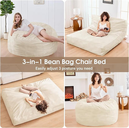 Bean Bag Chairs for Adults - Giant Bean Bag Chair Convertible Bean Bag Bed - Beanbag Chair with Micro Fiber Cover/Furniture Foam Filler - Floor Couch Sofa in Bedroom Dorm Room - Full Beige