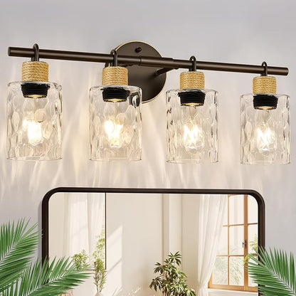 2025 Upgrade Bathroom Light Fixtures, 4-Light Coastal Vanity Lights with Crystal Glass Shade, Oil-Rubbed Bronze Bathroom Wall Lamp for Mirror Kitchen Hallway Cabinet